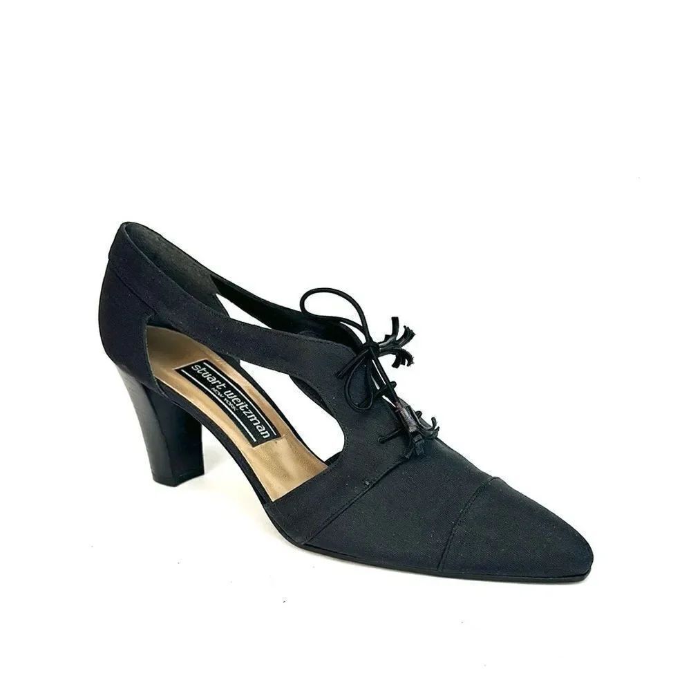 NWOB STUART WEITZMAN Black Satin Pumps Heels Lace Up Pointed Toe size 8 Narrow